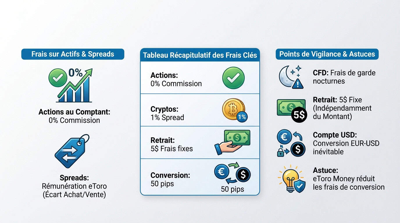 Tableau récapitulatif des frais de courtage et de retrait sur la plateforme eToro en 2026