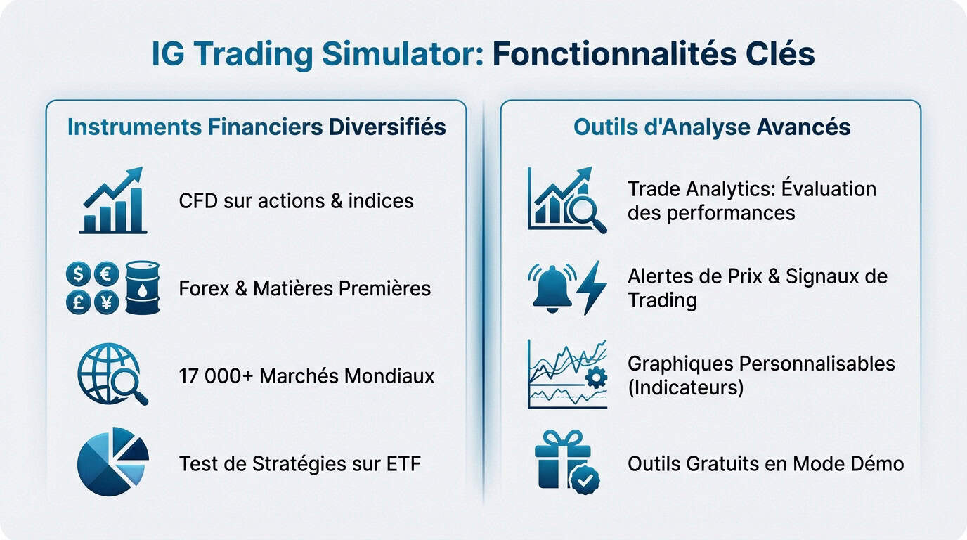 Interface du simulateur de trading IG affichant les graphiques boursiers
