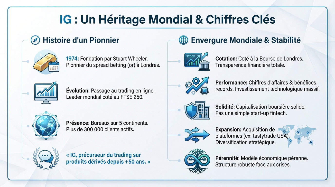 Graphique illustrant la croissance historique et l'envergure mondiale du courtier IG