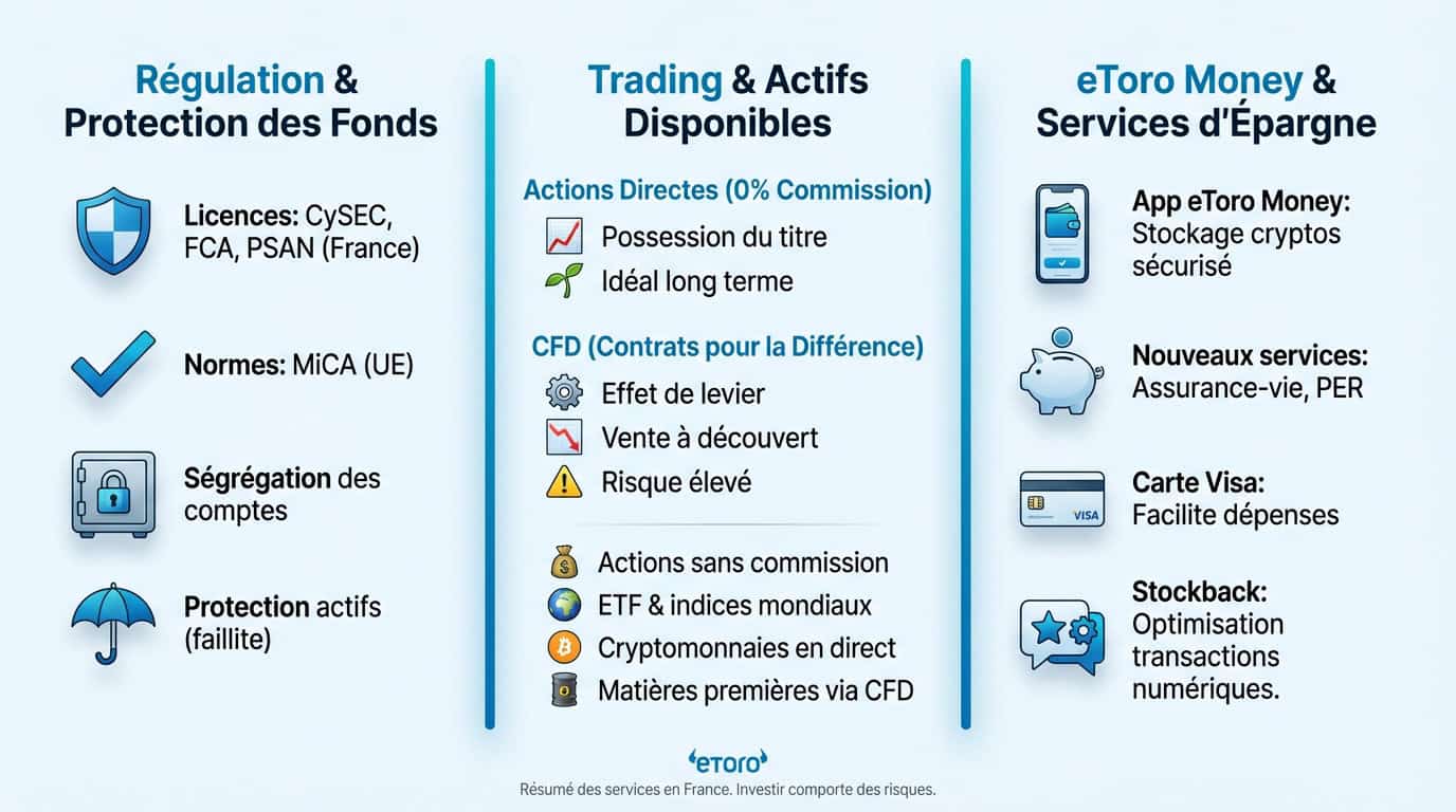 Infographie récapitulative de la sécurité et des services d'investissement eToro