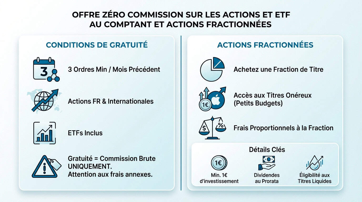 Infographie sur l'offre zéro commission et les actions fractionnées chez IG en 2026