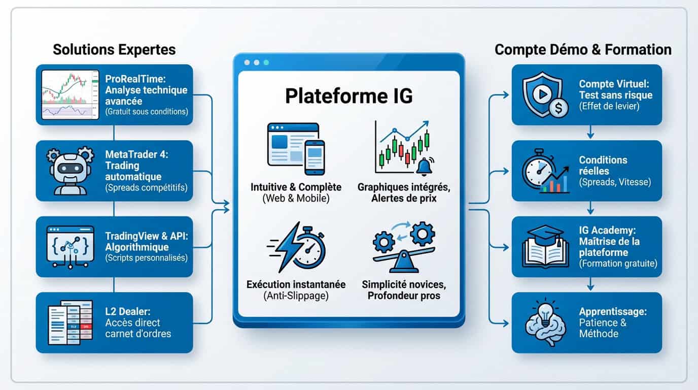 Infographie des outils de trading et de formation proposés par la plateforme IG