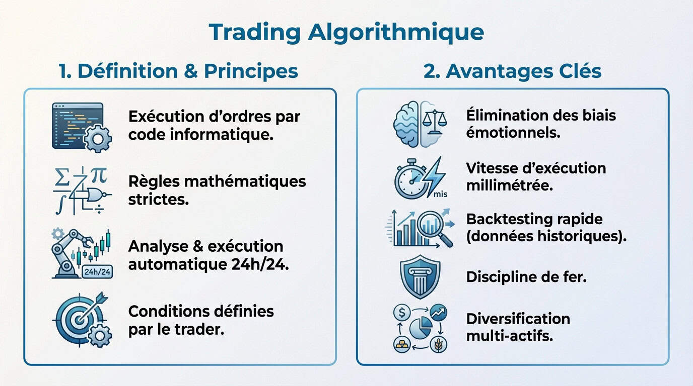Infographie expliquant les principes et les bénéfices du trading algorithmique