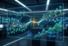 Spreads IG : Tableau complet (Forex, Indices et Crypto) Graphique holographique de données financières avec courbes de devises (EUR, USD, JPY) et tendances, dans un environnement de trading.