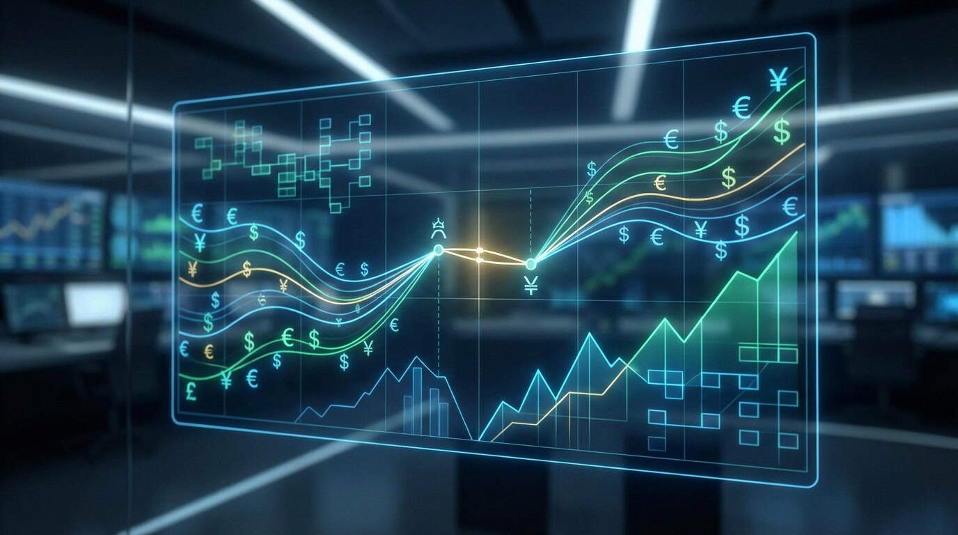 Visualisation dynamique des marchés financiers Graphique holographique de données financières avec courbes de devises (EUR, USD, JPY) et tendances, dans un environnement de trading.