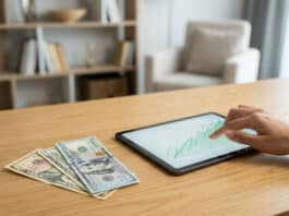 Dépôt minimum eToro France : quel budget pour commencer ? Une main interagit avec une tablette montrant un graphique de croissance. Des billets de dollars (100, 50, 10) sont sur un bureau en bois.