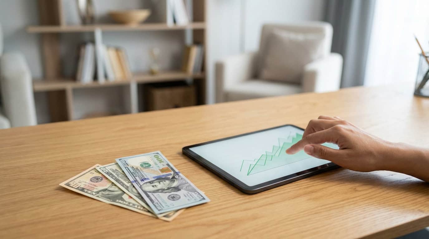 Gérer son budget eToro et observer la croissance. Une main interagit avec une tablette montrant un graphique de croissance. Des billets de dollars (100, 50, 10) sont sur un bureau en bois.