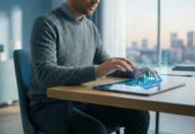 Acheter des actions sur eToro : tutoriel débutant 2026 Un homme en pull gris analyse des graphiques boursiers 3D sur une tablette, illustrant l'investissement en actions via eToro.