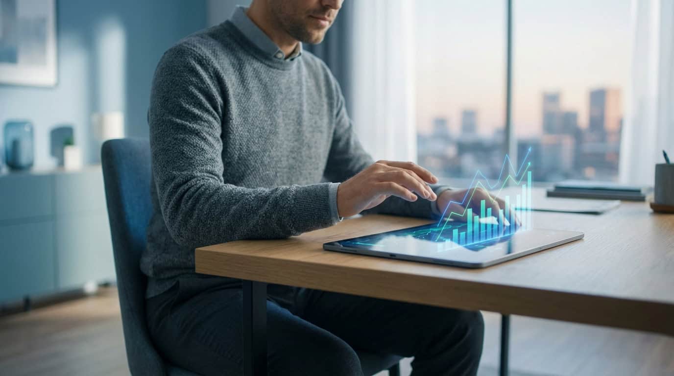 Analyse d'actions eToro sur tablette : Guide débutant 2026 Un homme en pull gris analyse des graphiques boursiers 3D sur une tablette, illustrant l'investissement en actions via eToro.