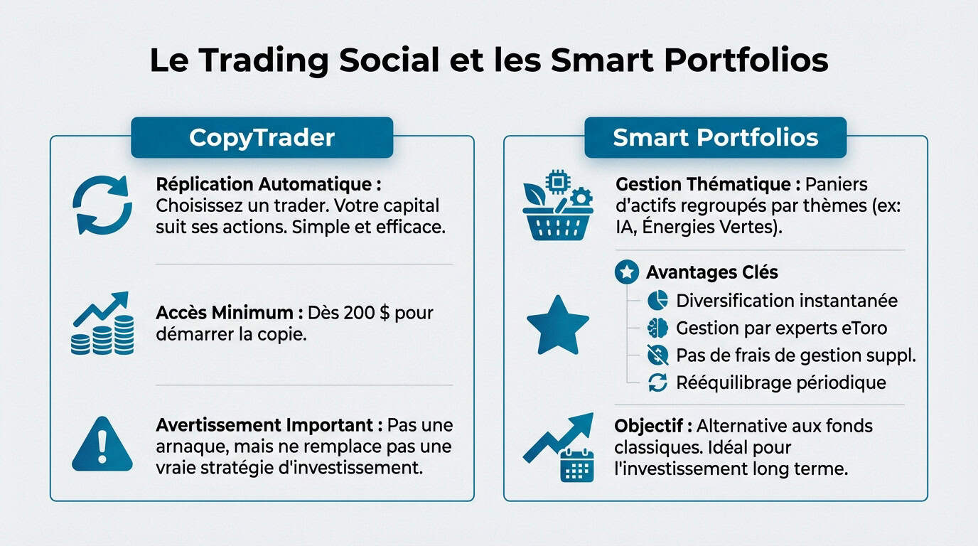Interface eToro présentant les fonctionnalités de trading social et les portefeuilles thématiques