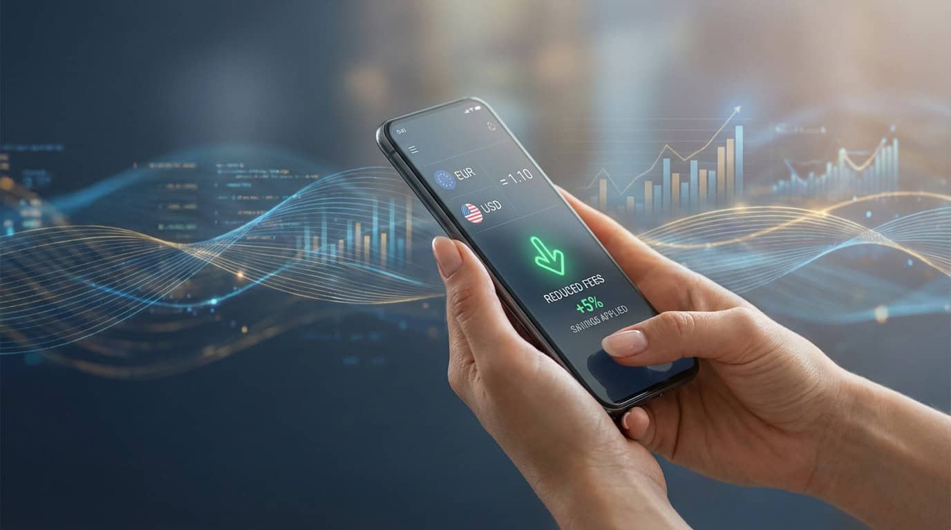 Optimisation des frais EUR/USD sur mobile Mains tenant un smartphone affichant la conversion EUR/USD, frais réduits et 5% d'économies, sur fond financier.