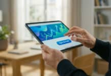 Ouvrir un compte eToro en France : Guide étape par étape Mains tenant une tablette affichant des graphiques boursiers et un bouton 'Ouvrir un compte'. Le décor est un intérieur lumineux.