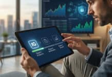 Comment ouvrir un compte IG en 2026 : étapes et validation Homme utilise une tablette affichant un guide étape par étape pour ouvrir un compte IG. Fond moderne avec données financières et sécurité.