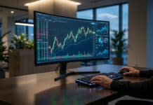 IG et MetaTrader 4 : Guide d’installation et configuration Personne utilisant un ordinateur avec écran incurvé affichant des graphiques boursiers complexes de MetaTrader 4 dans un bureau moderne.