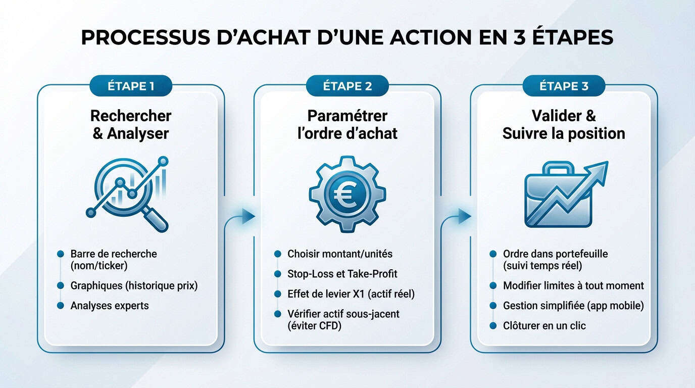 Processus d'achat d'une action sur eToro en trois étapes simples