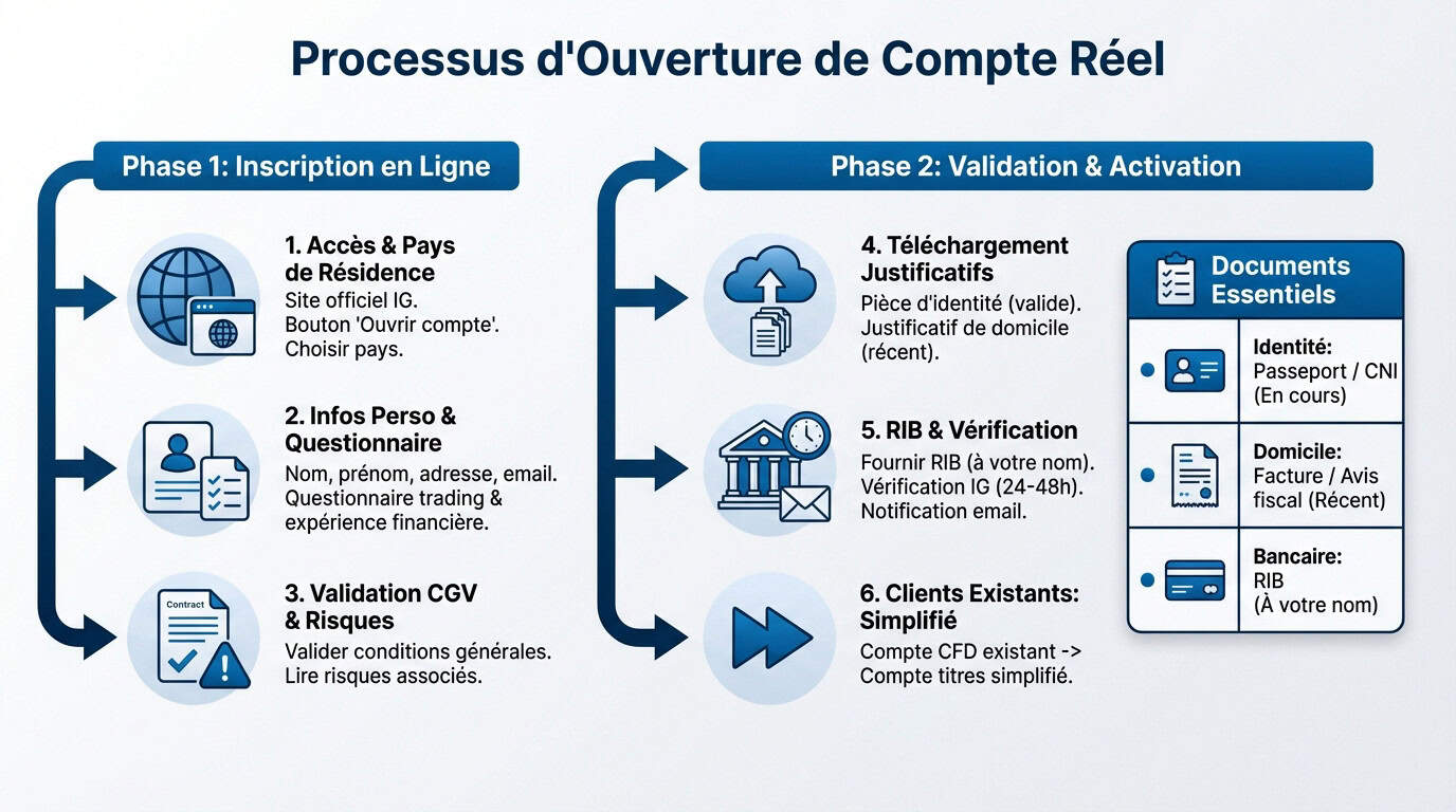 Interface d'inscription IG montrant les étapes de validation du compte réel