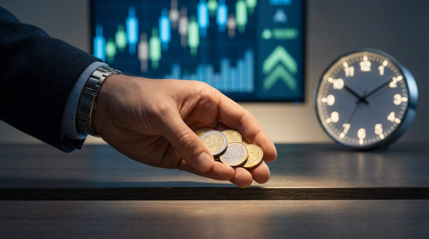 Gérer les frais d'inactivité en trading Main tenant des pièces d'euro devant un écran de trading avec graphique boursier et une horloge, symbolisant temps et argent.