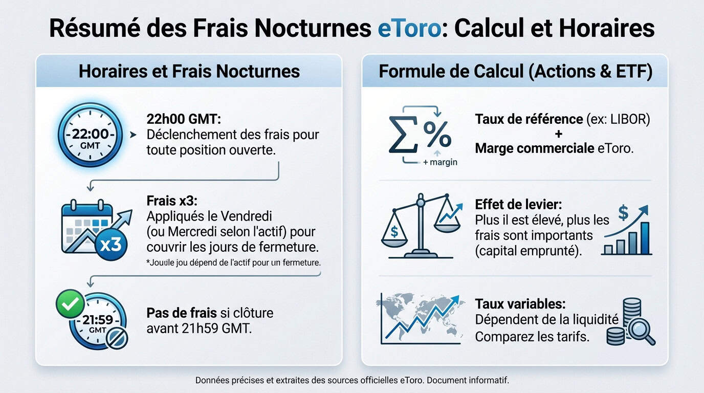 Tableau récapitulatif des horaires et calculs des frais overnight eToro