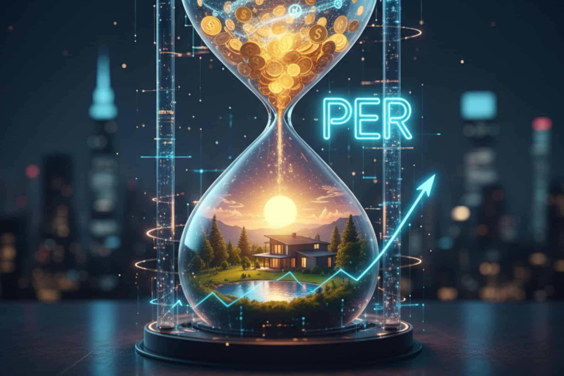 sablier qui représente le PER - argent et maison bord de lac