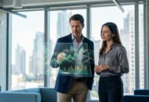 IG AMF : le courtier est-il vraiment régulé en 2026 ? A man and woman in business casual attire analyze secure financial data on a holographic display in a modern office with city views.