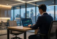 IG : qui est ce Broker ? Présentation complète Professional analyzing vibrant financial charts on a laptop in a sleek office with a blurred city skyline, symbolizing global markets.