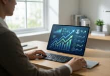 Guide complet : utiliser le CopyTrader eToro avec succès Homme analysant des graphiques financiers de croissance sur une tablette. Des icônes de profil utilisateur et des flèches montantes sont visibles.