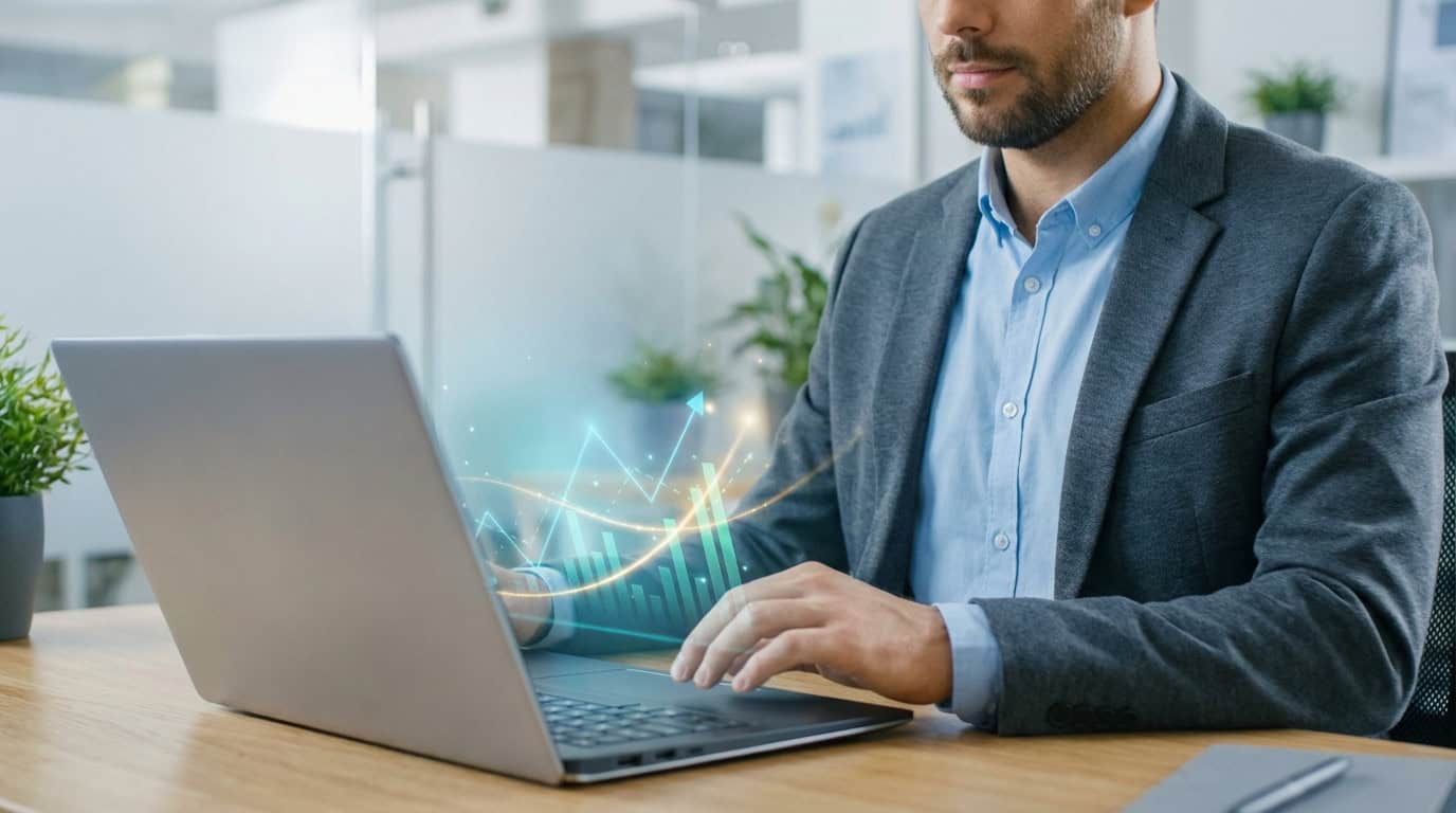 Analyse de performance financière numérique Homme travaillant sur un ordinateur portable affichant des graphiques financiers lumineux et une flèche de croissance, dans un bureau moderne.