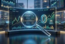 Frais IG 2026 : Spreads, commissions et coûts cachés Écran futuriste avec graphiques boursiers, chiffres financiers "2026", une loupe sur "Spreads" et "Commissions", et un "Bonus".