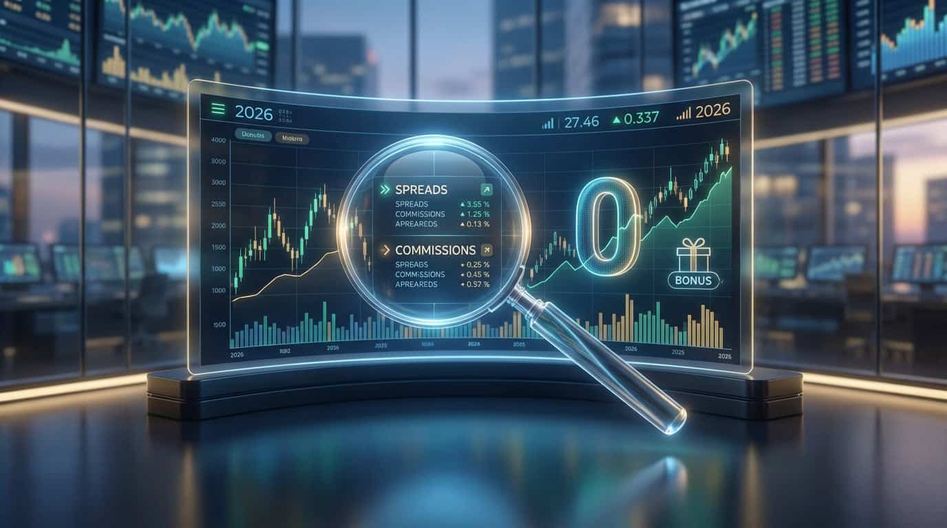 Analyse des Frais et Coûts Financiers 2026 Écran futuriste avec graphiques boursiers, chiffres financiers