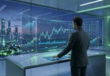 IG Trading : Test complet de l’interface 2026 Homme en costume devant une interface de trading holographique affichant des graphiques boursiers. Ville futuriste en arrière-plan.