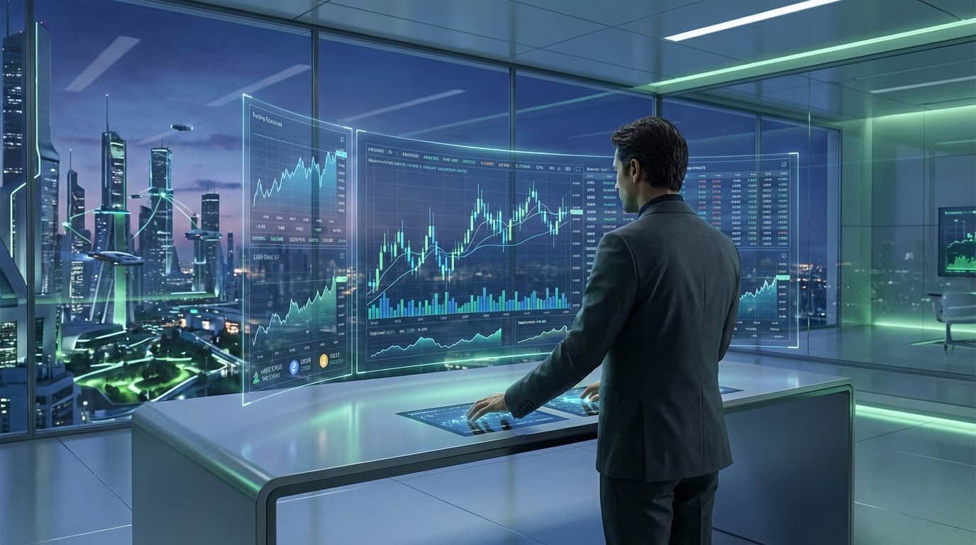 Interface de Trading Futuriste 2026 Homme en costume devant une interface de trading holographique affichant des graphiques boursiers. Ville futuriste en arrière-plan.