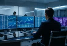 IG Trading algorithmique : Automatiser ses stratégies Un trader est plongé dans l'analyse de stratégies algorithmiques sur plusieurs écrans avec graphiques boursiers et données complexes.