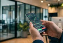 Application mobile IG Trading : test et avis de l’app iOS/Android Mains tenant un smartphone affichant des graphiques de trading boursier sur une application mobile, avec des boutons Achat/Vente, dans un bureau moderne.