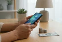 Retrait eToro : guide sur les délais, frais et méthodes Mains tenant un smartphone avec une interface de transaction sécurisée ($500, cadenas). Monnaie physique sur une table en bois.