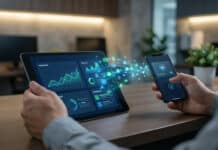 Transférer ses cryptos d’eToro vers un wallet personnel Mains transférant des données de crypto d'une tablette avec graphiques à un smartphone affichant un wallet. Flux lumineux symbolise le transfert.