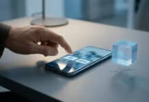 Dépôt minimum IG : combien faut-il pour investir en 2026 ? Hand tapping a smartphone with '0€' and '300€' options. A glowing cube highlights a crossed-out dollar sign, signifying no hidden fees.