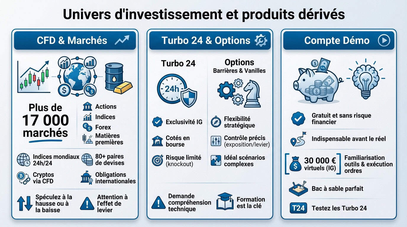 Interface de trading IG montrant les produits dérivés et l'univers d'investissement