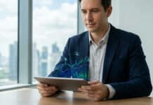 eToro : Guide complet de la plateforme de Trading Social Un homme d'affaires analyse des données de trading social et des graphiques financiers projetés au-dessus de sa tablette.