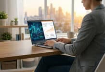 IG vs DEGIRO : Quel broker pour investir en actions ? Personne travaillant sur un portable montrant des graphiques boursiers et un portefeuille d'investissement. Vue sur ville au coucher du soleil.