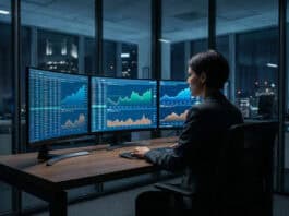 Signaux de trading IG : Comment les utiliser (Autochartist, PIA) Une personne concentrée analyse des graphiques boursiers sur trois écrans d'ordinateur, dans un bureau moderne de nuit.