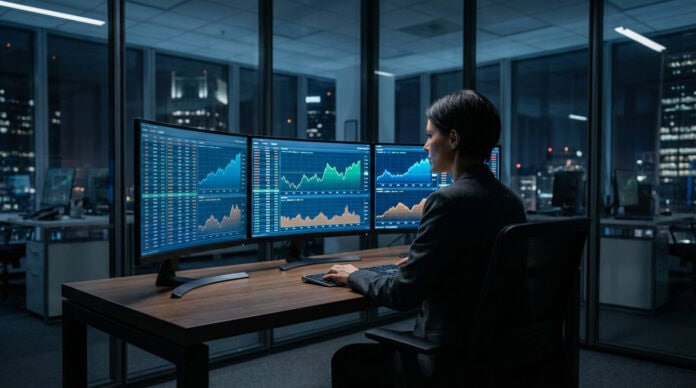 Analyse de trading multi-écrans des marchés financiers Une personne concentrée analyse des graphiques boursiers sur trois écrans d'ordinateur, dans un bureau moderne de nuit.