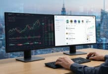 IG vs eToro : Le duel des brokers populaires (avis 2026) Un trader analyse des graphiques boursiers sur un écran et consulte une plateforme sociale sur l'autre, avec vue sur une ville.