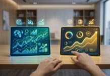 IG vs Trade Republic : CTO et ETF, qui gagne ? Deux tablettes affichent des graphiques financiers comparatifs et des icônes d'avantages. Une main interagit avec la tablette de droite.