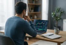 IG Academy : La formation trading gratuite est-elle suffisante ? Homme de dos, concentré devant un écran d'ordinateur affichant des graphiques de trading. Un carnet et une tasse sont sur le bureau.