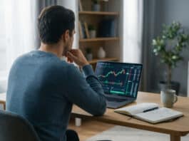 IG Academy : La formation trading gratuite est-elle suffisante ? Homme de dos, concentré devant un écran d'ordinateur affichant des graphiques de trading. Un carnet et une tasse sont sur le bureau.