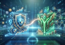 IG vs Interactive Brokers : Le match des poids lourds Illustration numérique de deux plateformes financières, symbolisées par un bouclier bleu et une structure verte, sur une balance. Évoque la comparaison de trading avec graphiques, monnaies et réseaux.