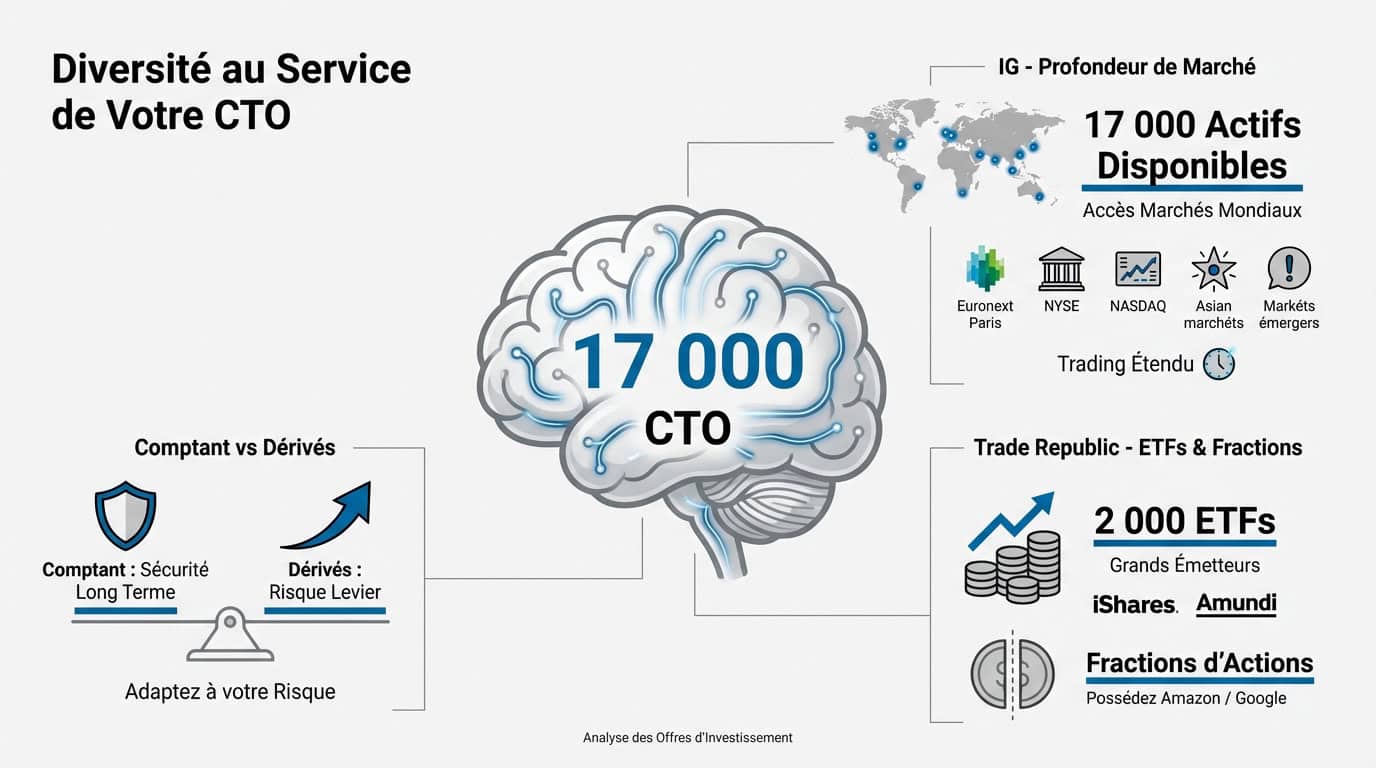 Comparaison de la diversité des actifs financiers entre IG et Trade Republic