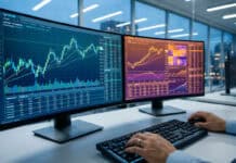 IG vs ActivTrades : Comparatif pour le trading actif Personne analysant des graphiques boursiers et données financières sur plusieurs moniteurs. Environnement de trading professionnel.