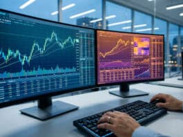 IG vs ActivTrades : Comparatif pour le trading actif Personne analysant des graphiques boursiers et données financières sur plusieurs moniteurs. Environnement de trading professionnel.