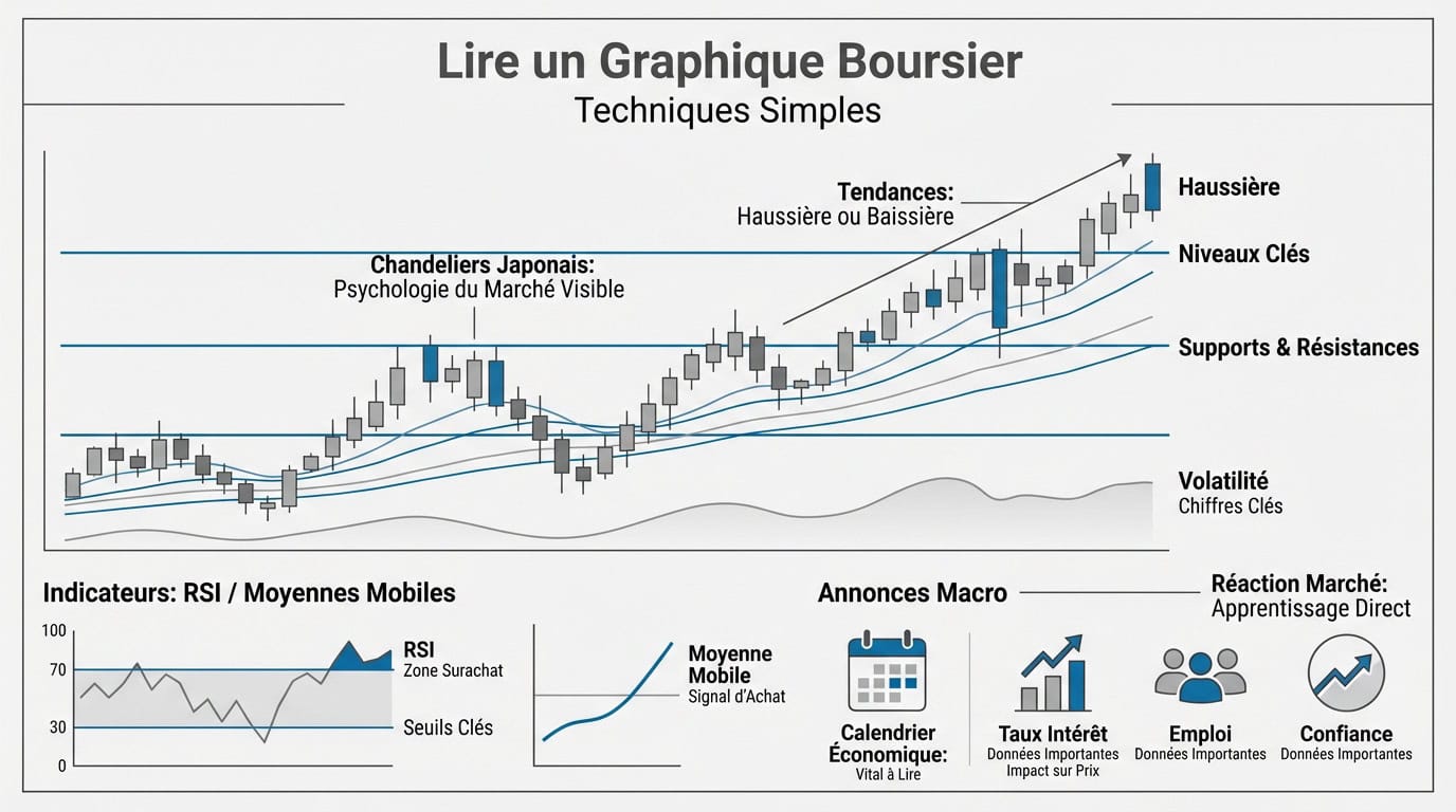 Infographie explicative pour apprendre à lire un graphique boursier et les chandeliers japonais